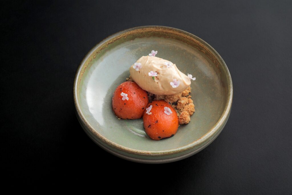 A deconstructed dessert: Roasted Apricot burnt cheesecake semifreddo from Fireside, an open-fire dining. 