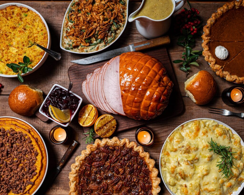 A flatlay image of the thankgiving spread from La Paloma. 
